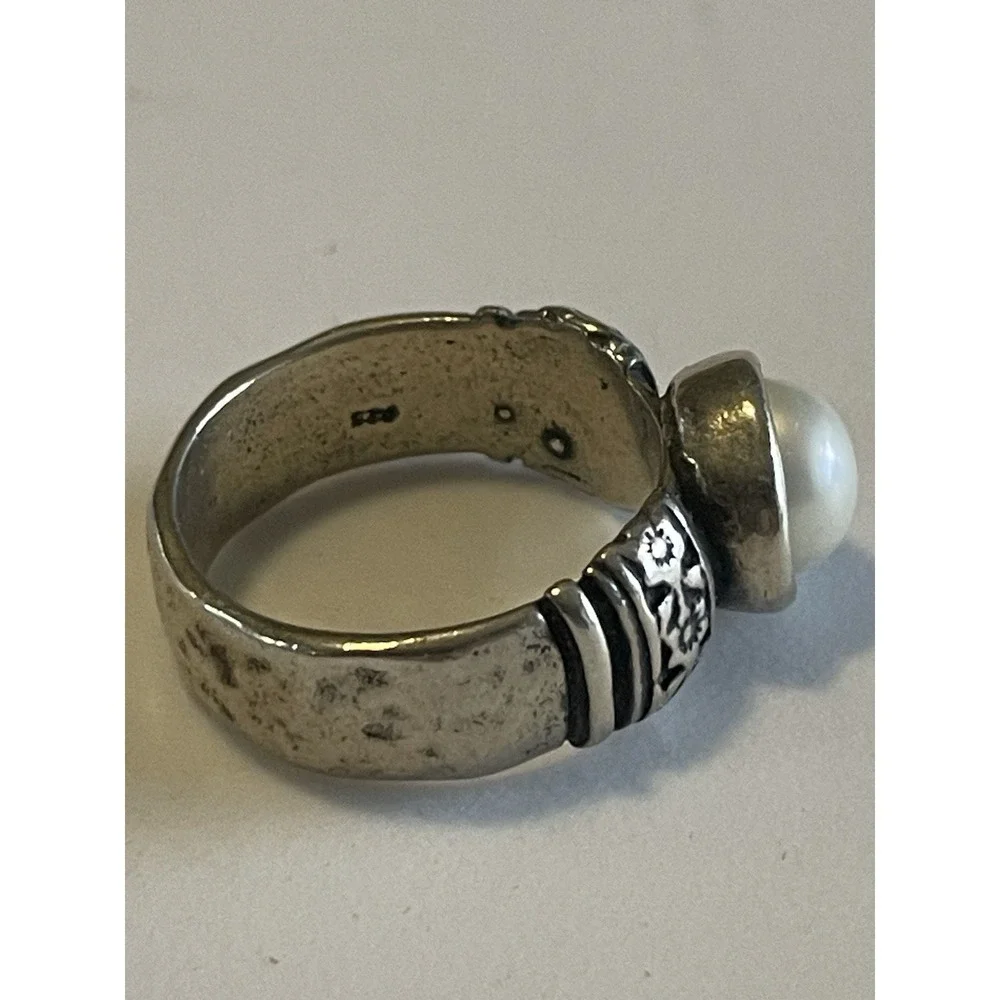 Sterling Sliver Hammered Solitaire Pearl Band Ring Israel Size 7.5 Statement
